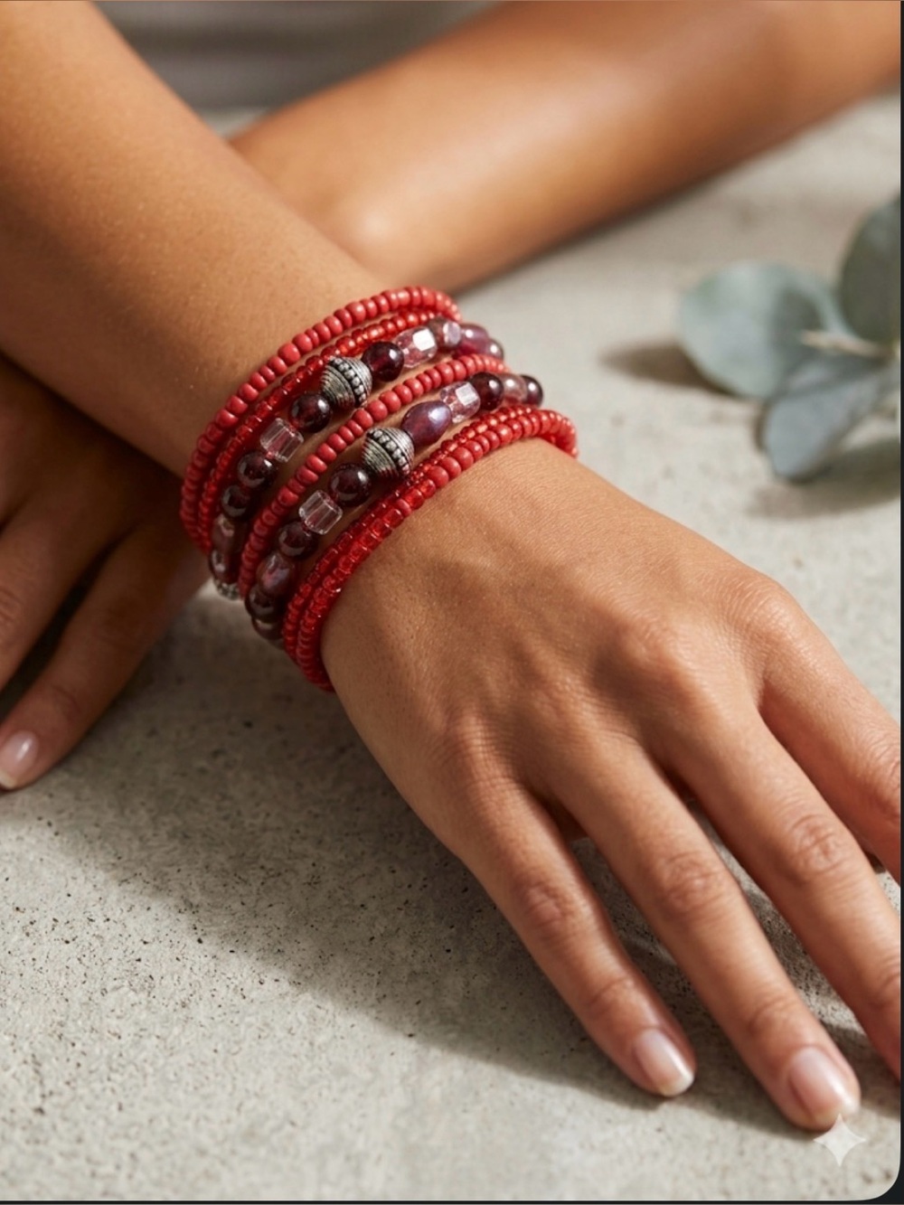 Bohemian Red Beaded Wrap Bracelet Stack